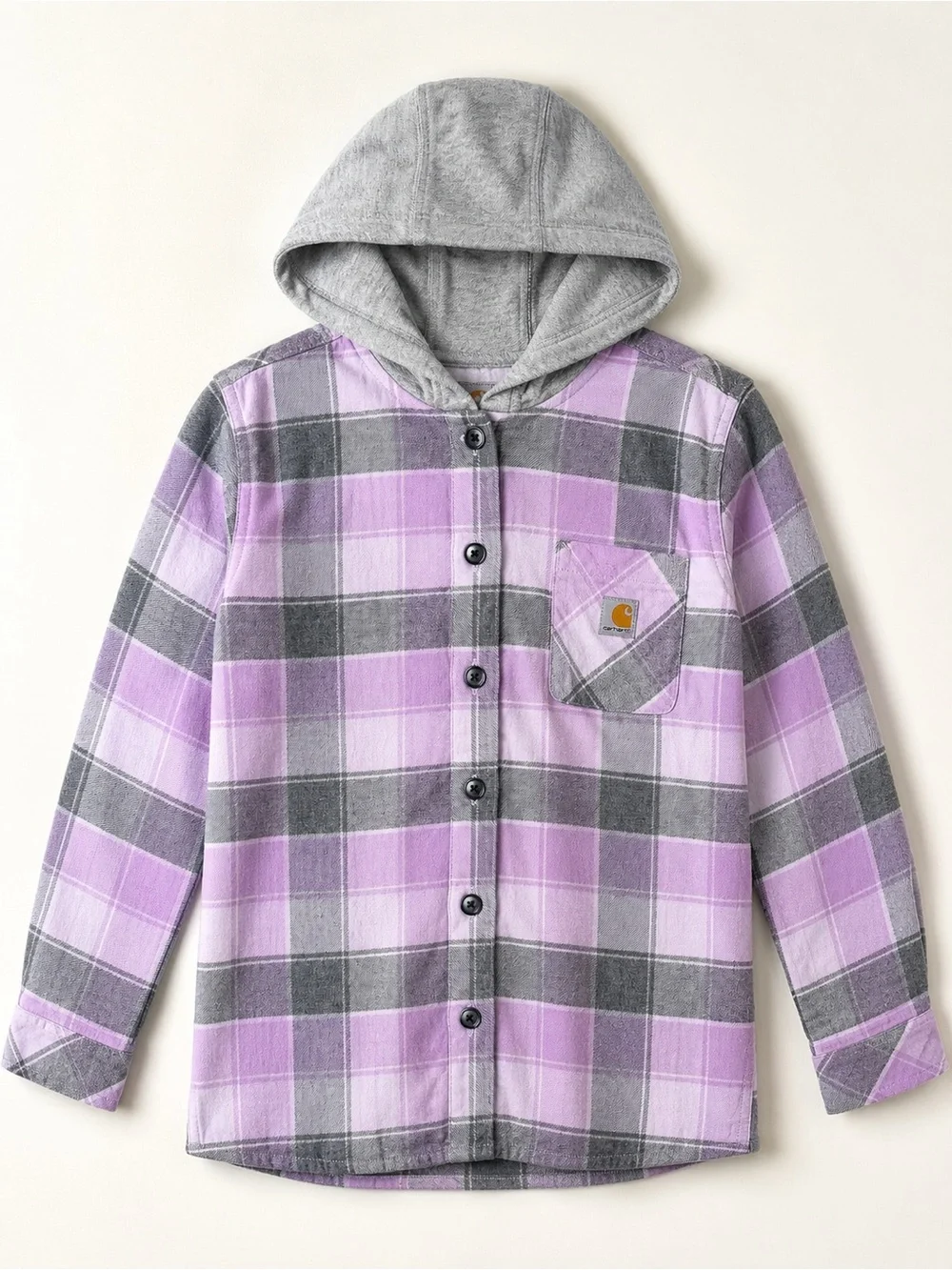 Carhartt Girls Hooded Plaid Flannel Shirt Jacket | Purple Gray | Size 6X